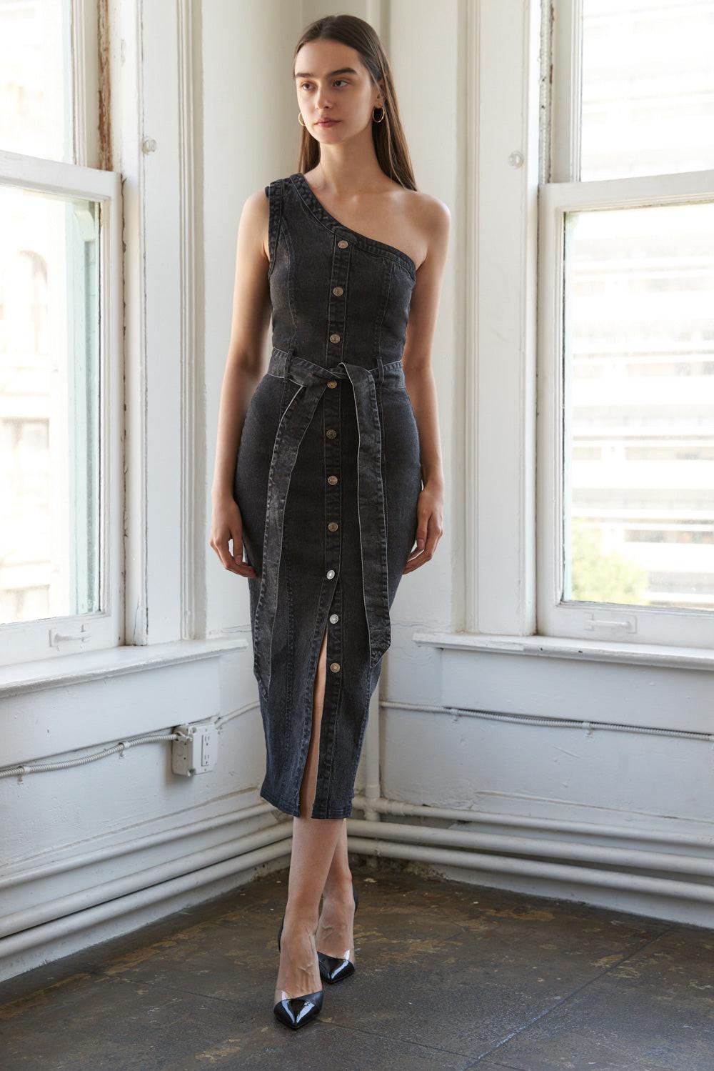 Somewhere Up Above Denim Midi Dress in black, view 3 — Soul Flow Apparel