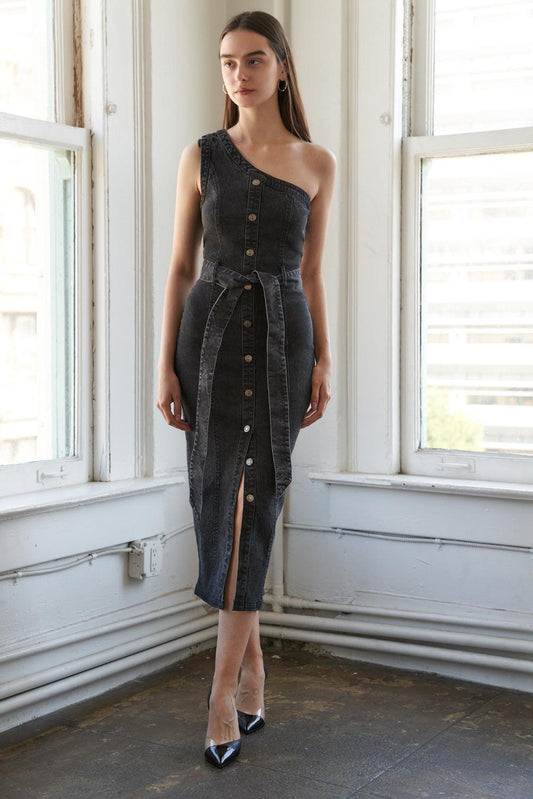 Somewhere Up Above Denim Midi Dress in black, view 3 — Soul Flow Apparel