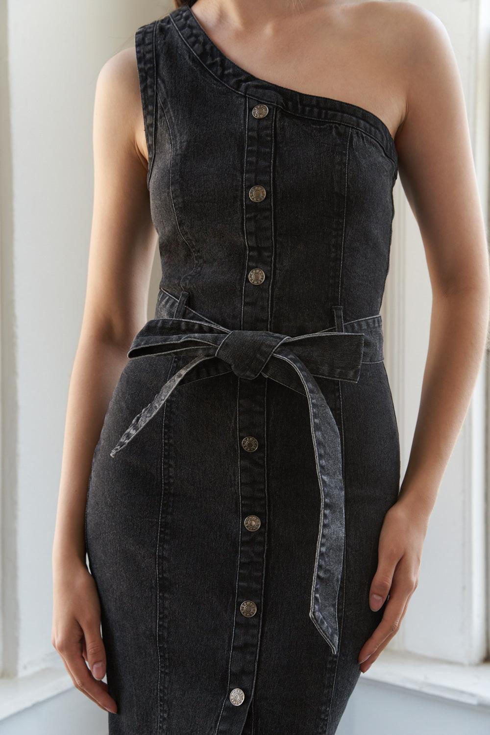 Somewhere Up Above Denim Midi Dress in black, view 4 — Soul Flow Apparel