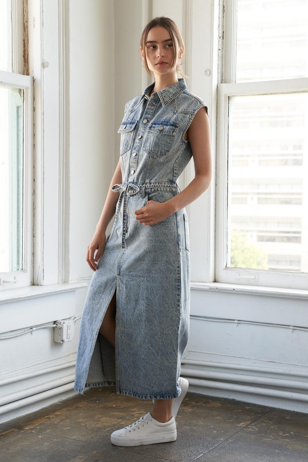 Wildflower Whimsy Denim Midi Dress in light indigo, view 1 — Soul Flow Apparel