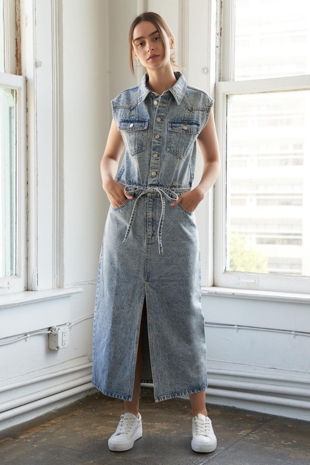 Wildflower Whimsy Denim Midi Dress in light indigo, view 2 — Soul Flow Apparel