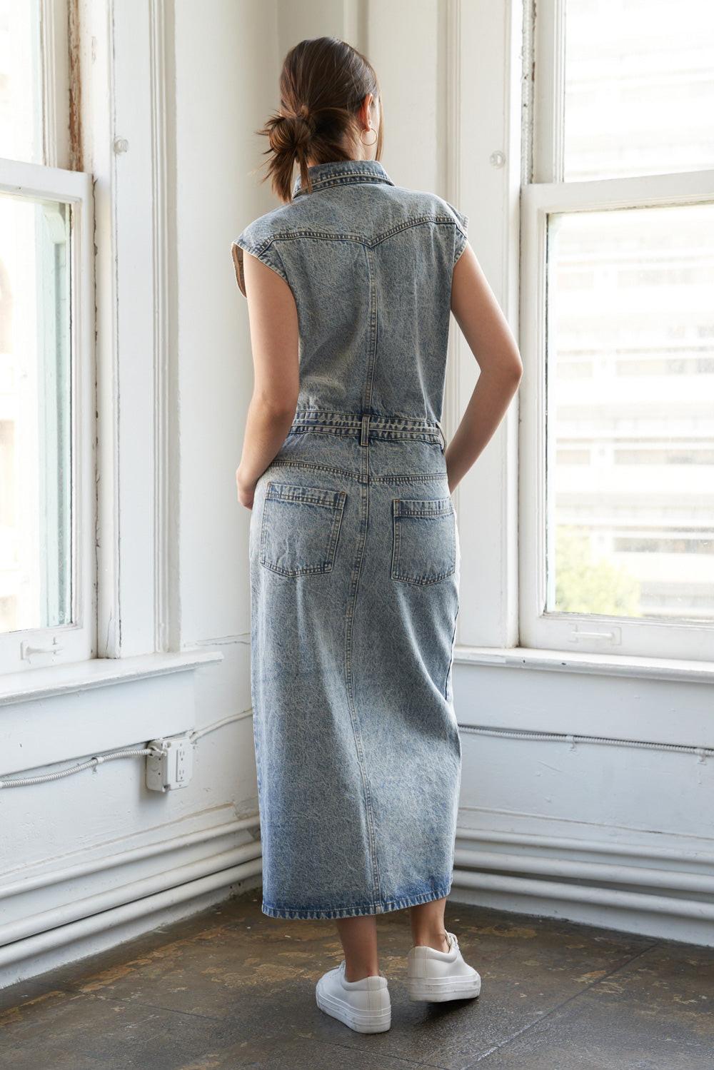 Wildflower Whimsy Denim Midi Dress in light indigo, view 3 — Soul Flow Apparel