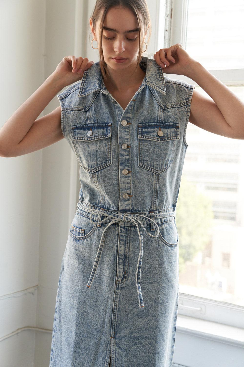 Wildflower Whimsy Denim Midi Dress in light indigo, view 4 — Soul Flow Apparel