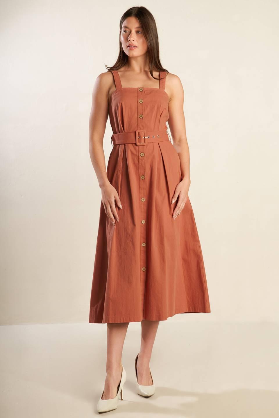 California Dreaming Woven Midi Dress in rust, view 1 — Soul Flow Apparel