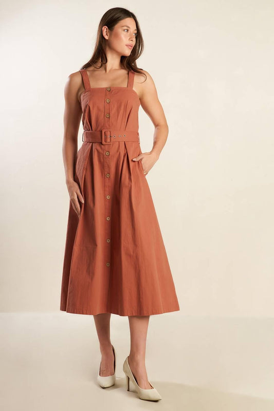 California Dreaming Woven Midi Dress in rust, view 2 — Soul Flow Apparel