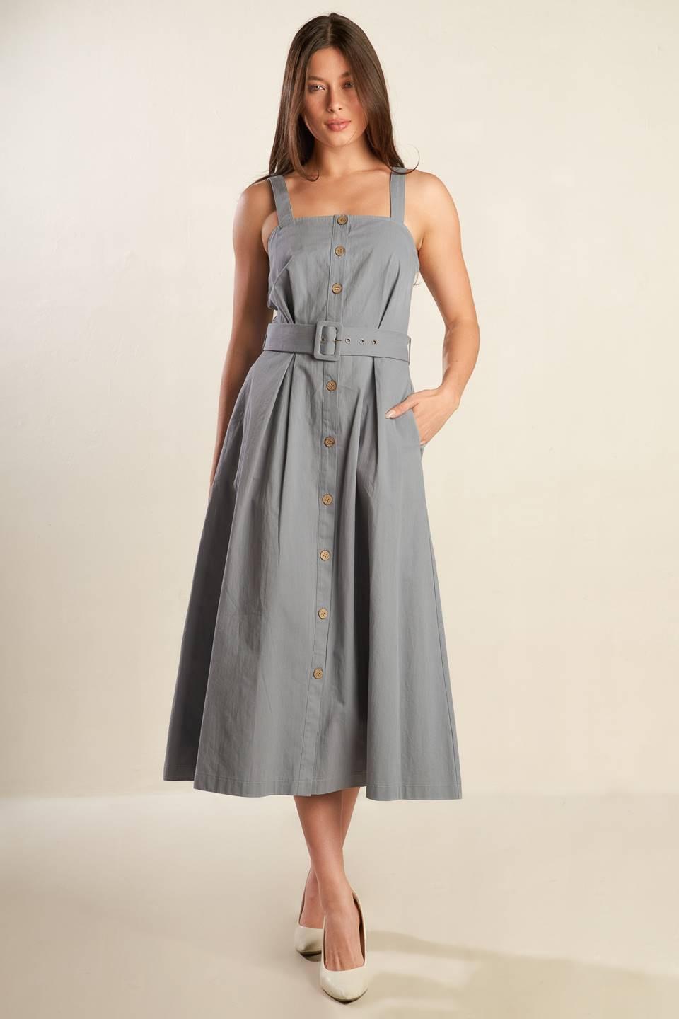 California Dreaming Woven Midi Dress in steelblue, view 1 — Soul Flow Apparel