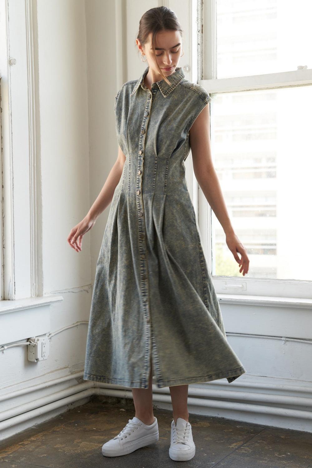 Sunshine Squeeze Denim Midi Dress, view 3 — Soul Flow Apparel