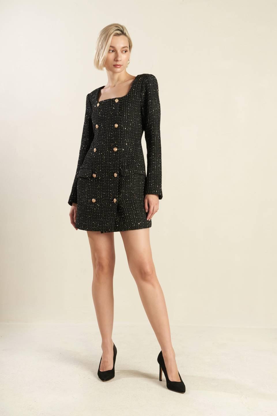 Heart Unbound Tweed Mini Dress in black, view 1 — Soul Flow Apparel