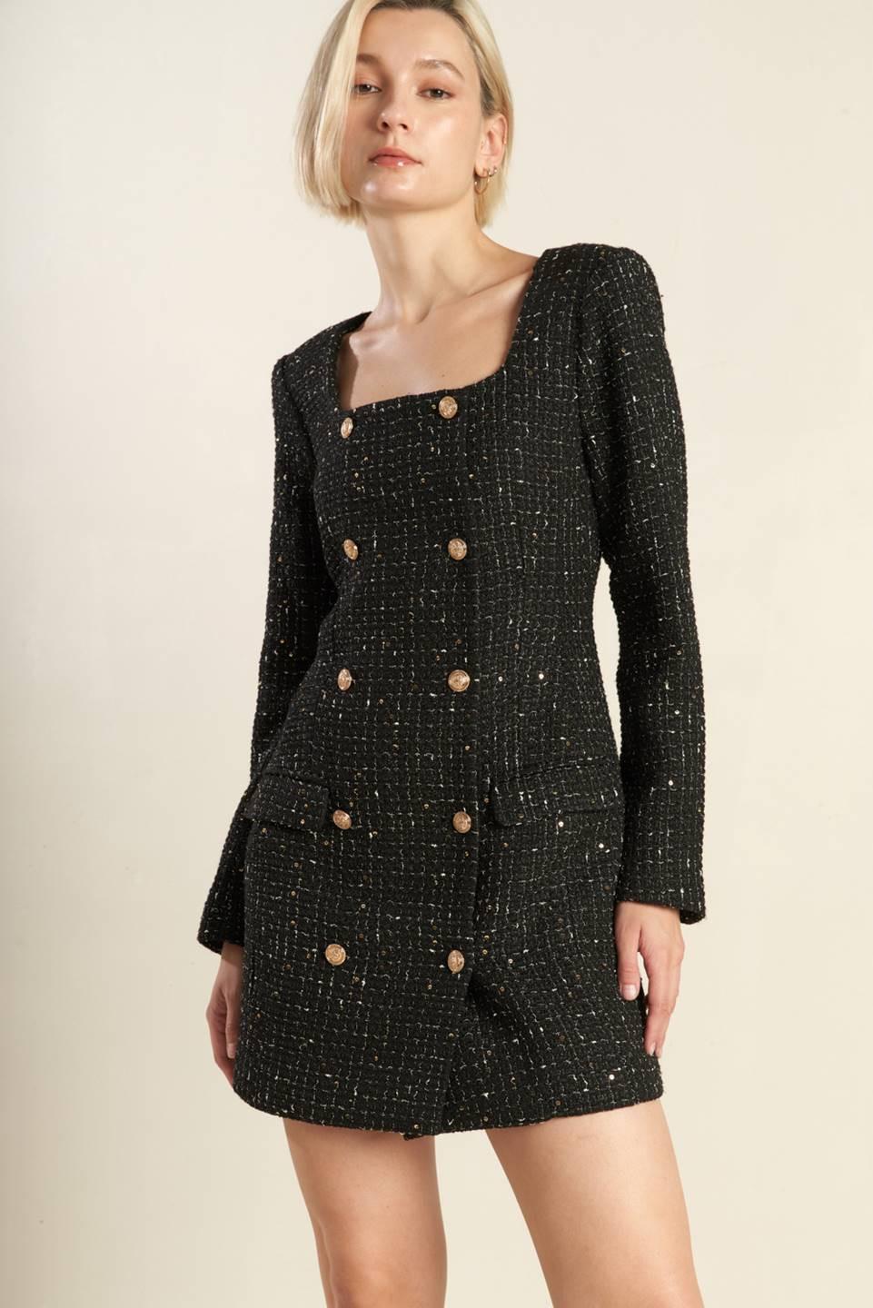 Heart Unbound Tweed Mini Dress in black, view 3 — Soul Flow Apparel