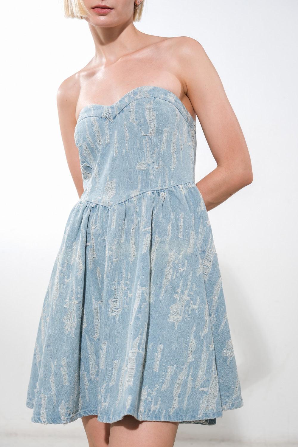Delightfully Dainty Denim Mini Dress in light indigo, view 4 — Soul Flow Apparel