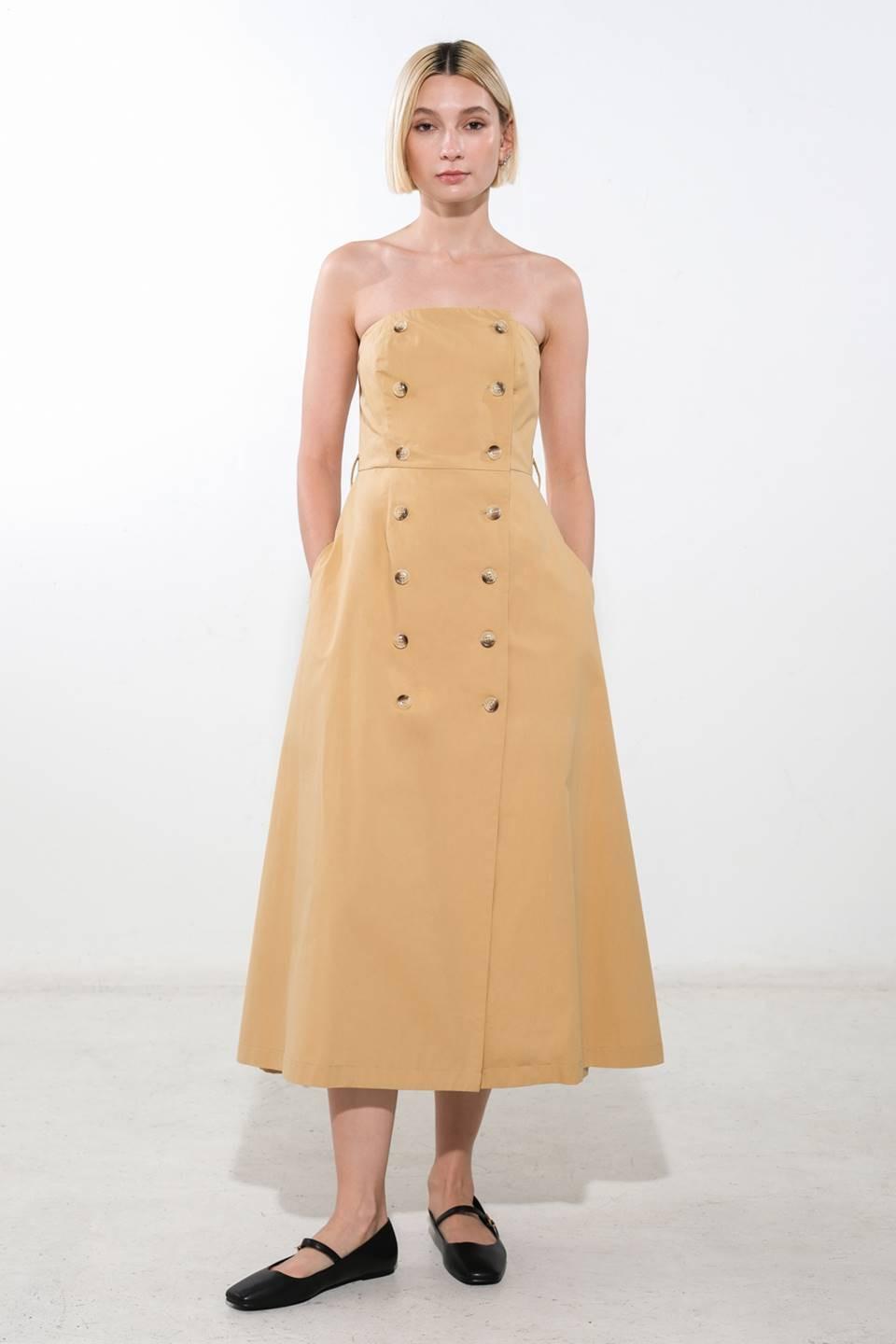 Follow You Everywhere Woven Midi Dress in beige, view 1 — Soul Flow Apparel