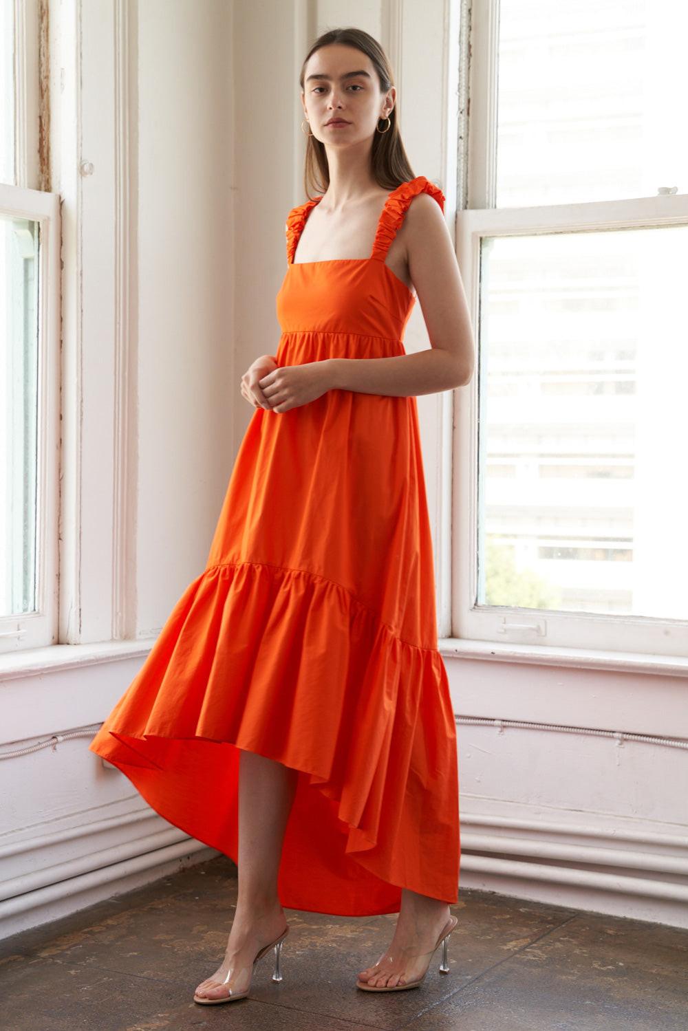 Sunbeam Splendor Woven Midi Dress in orange, view 1 — Soul Flow Apparel
