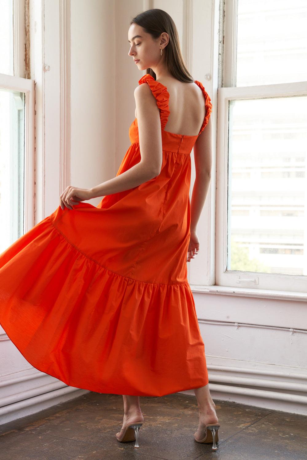 Sunbeam Splendor Woven Midi Dress in orange, view 2 — Soul Flow Apparel