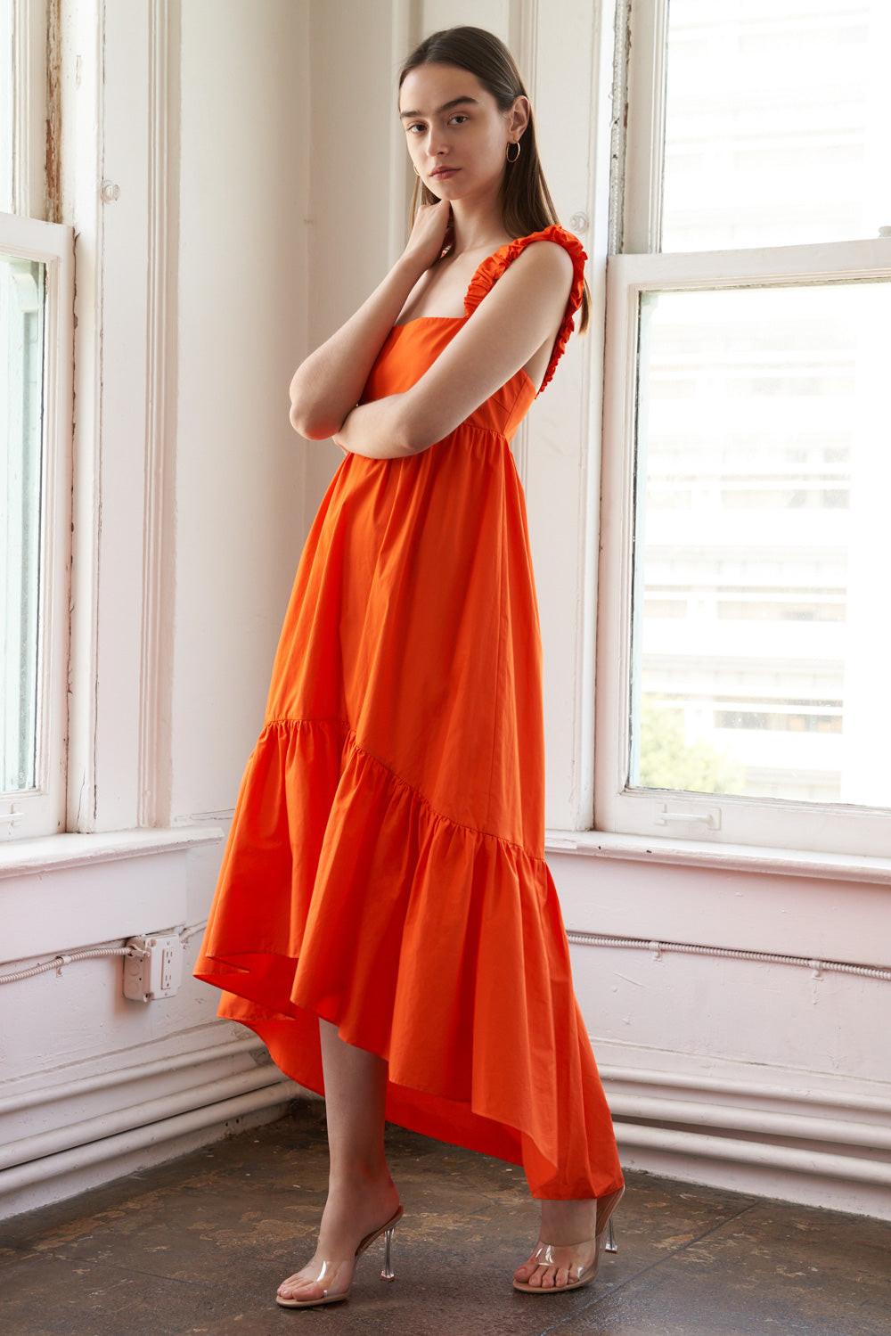 Sunbeam Splendor Woven Midi Dress in orange, view 3 — Soul Flow Apparel