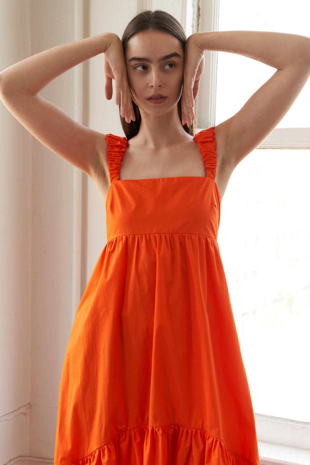 Sunbeam Splendor Woven Midi Dress in orange, view 4 — Soul Flow Apparel
