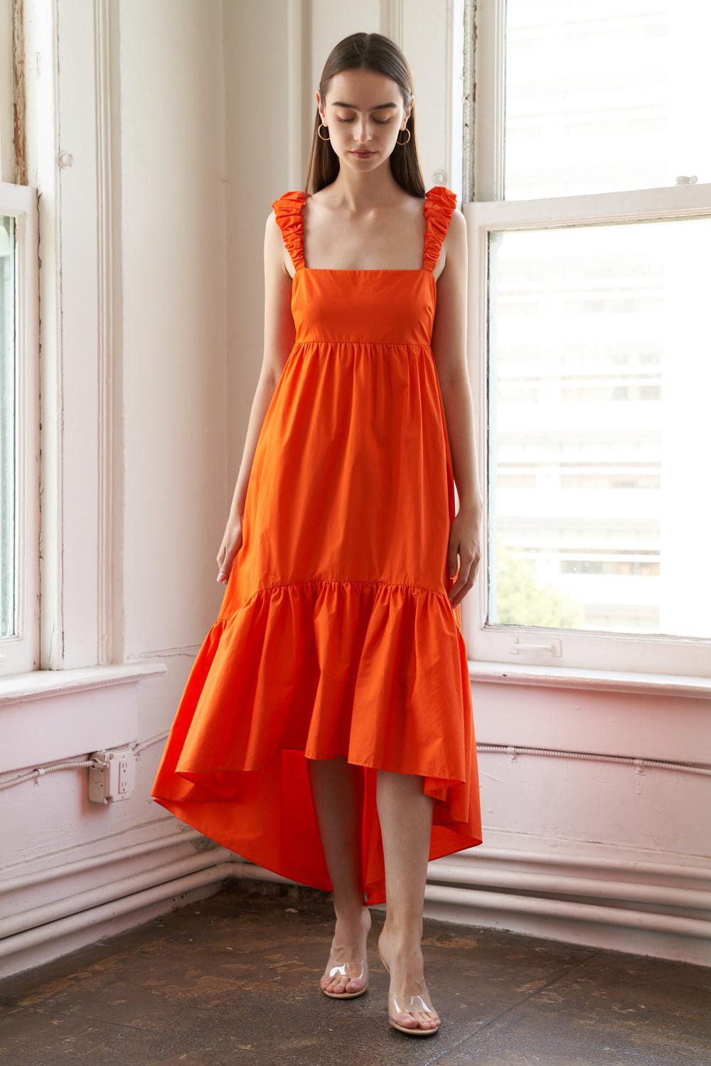 Sunbeam Splendor Woven Midi Dress in orange, view 6 — Soul Flow Apparel