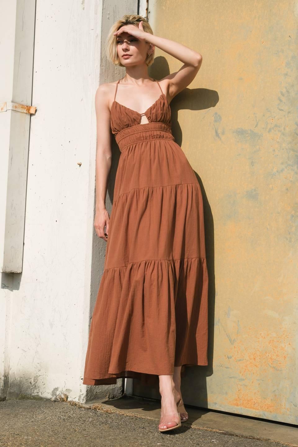 Effortless Elegance Woven Maxi Dress in brown, view 1 — Soul Flow Apparel