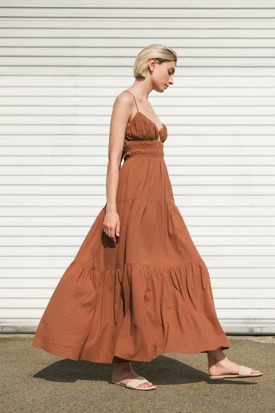 Effortless Elegance Woven Maxi Dress in brown, view 3 — Soul Flow Apparel