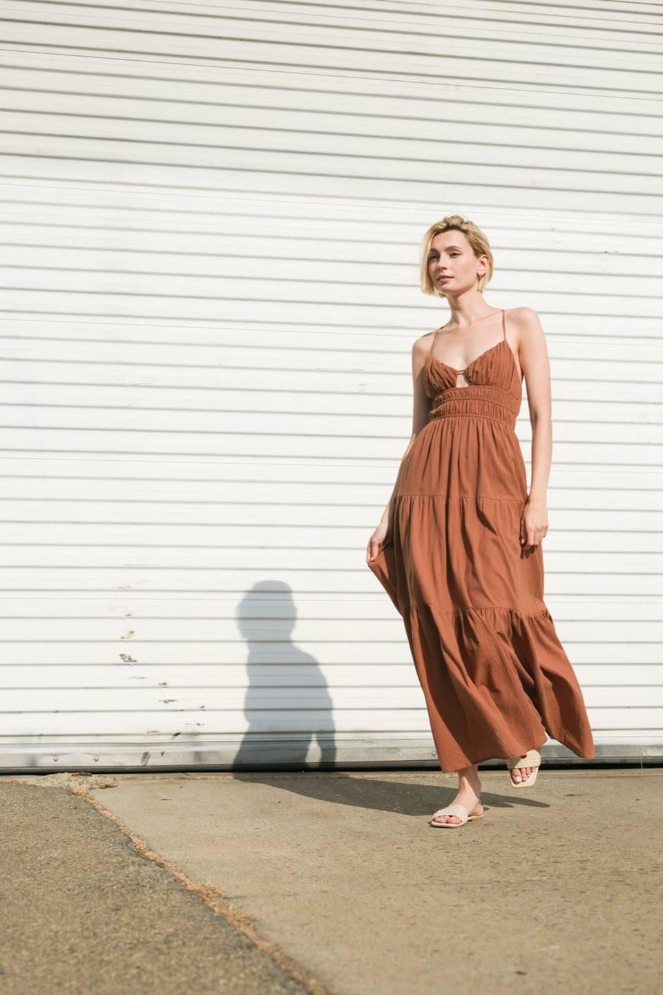 Effortless Elegance Woven Maxi Dress in brown, view 6 — Soul Flow Apparel