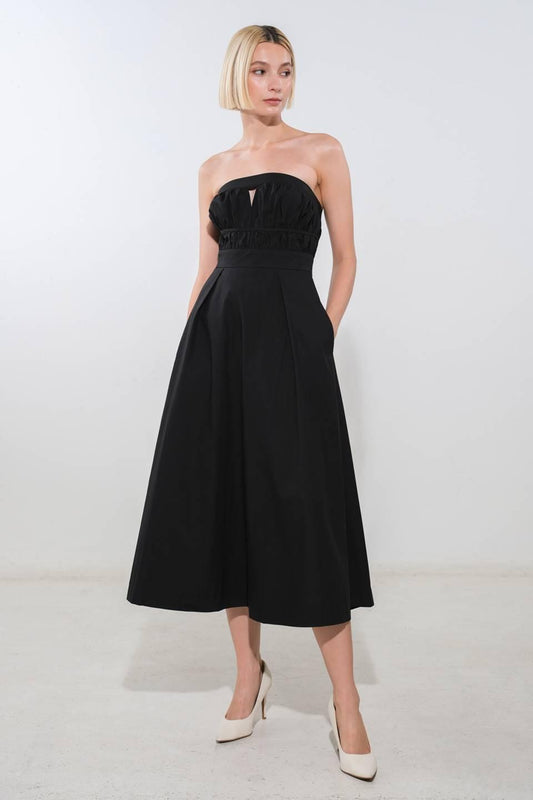 Mystic Muse Woven Midi Dress in black, view 1 — Soul Flow Apparel