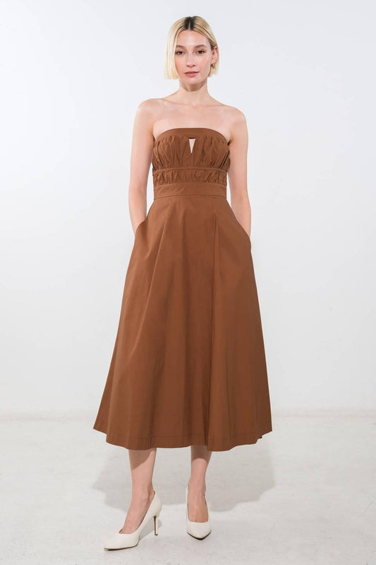 Mystic Muse Woven Midi Dress in mocha, view 1 — Soul Flow Apparel