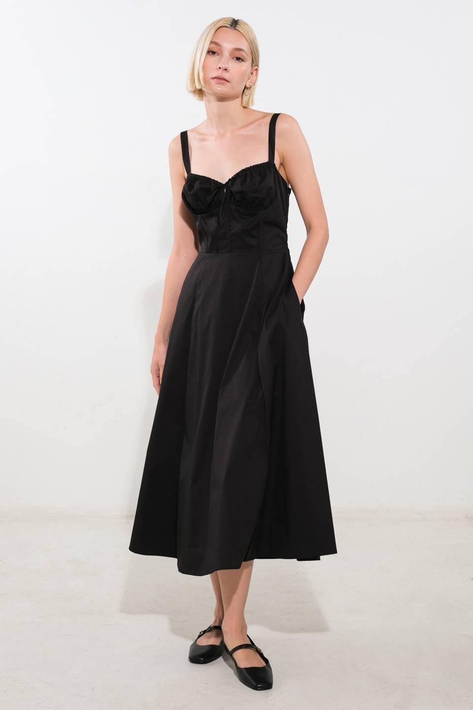 Oceanic Opulence Woven Midi Dress in black, view 1 — Soul Flow Apparel