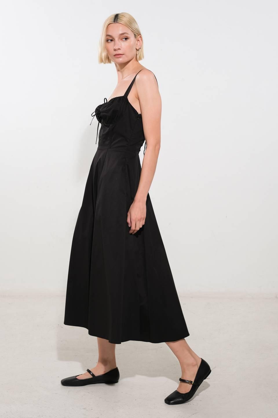 Oceanic Opulence Woven Midi Dress in black, view 3 — Soul Flow Apparel