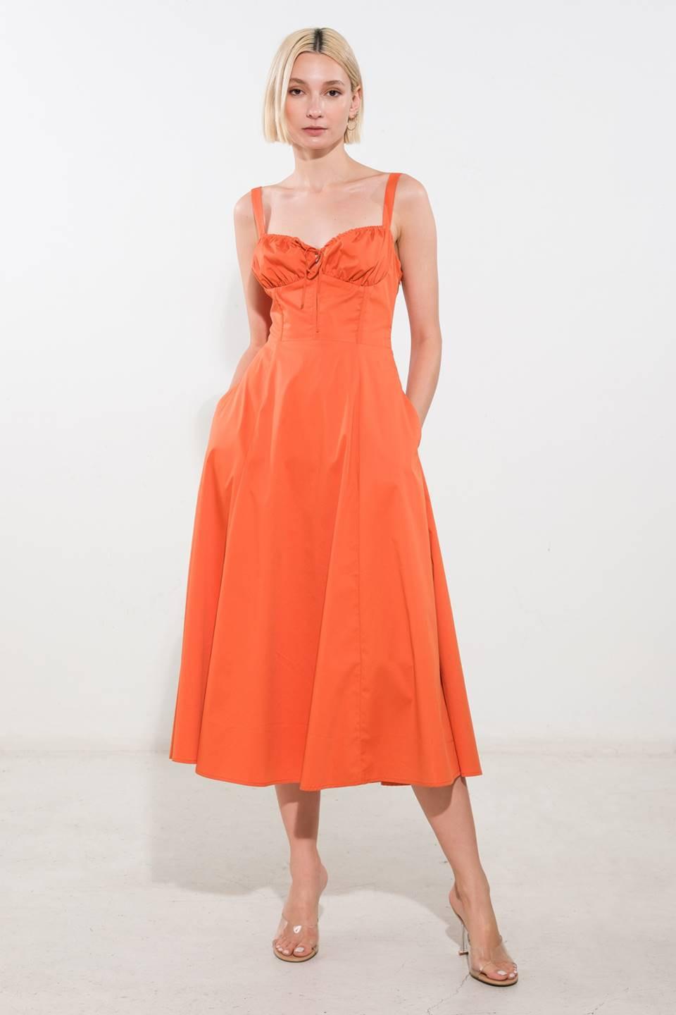 Oceanic Opulence Woven Midi Dress in orange, view 1 — Soul Flow Apparel