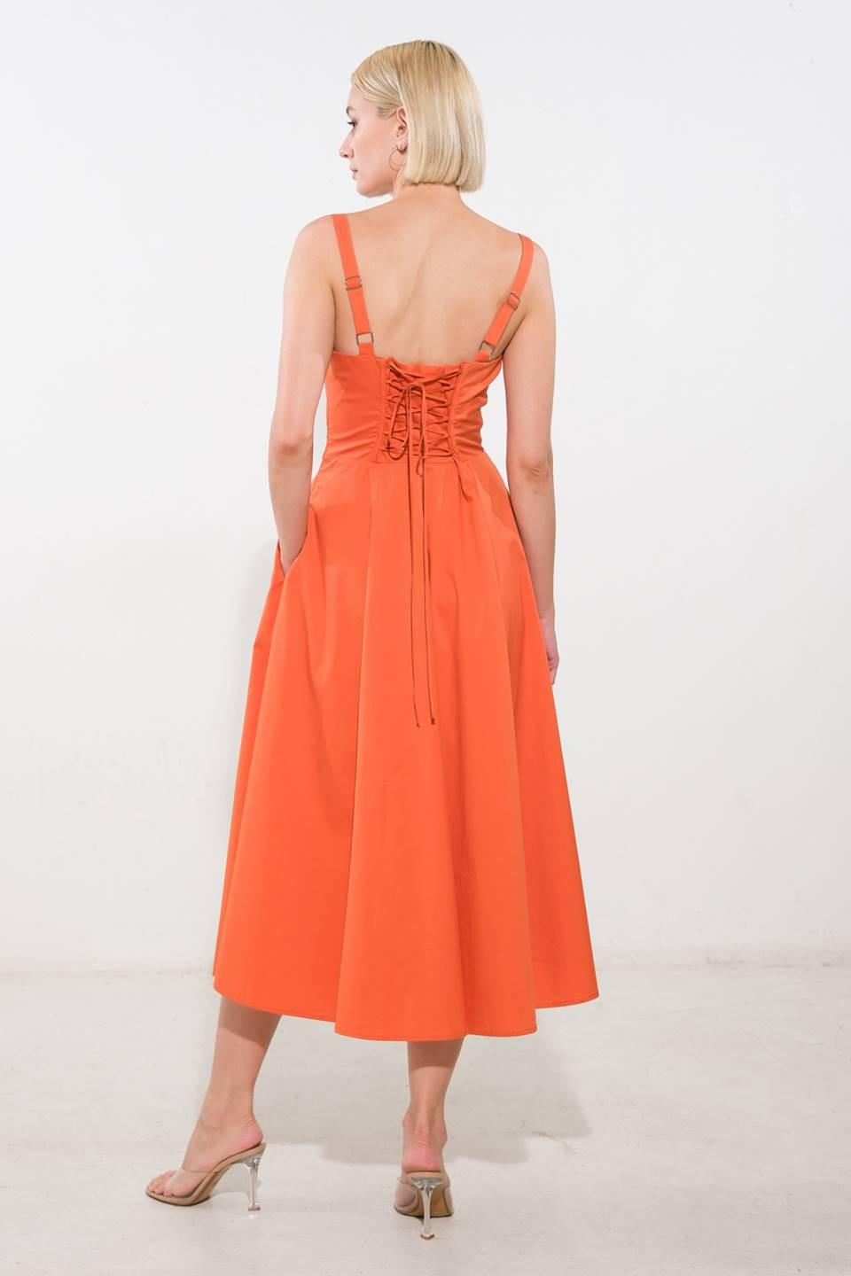 Oceanic Opulence Woven Midi Dress in orange, view 2 — Soul Flow Apparel