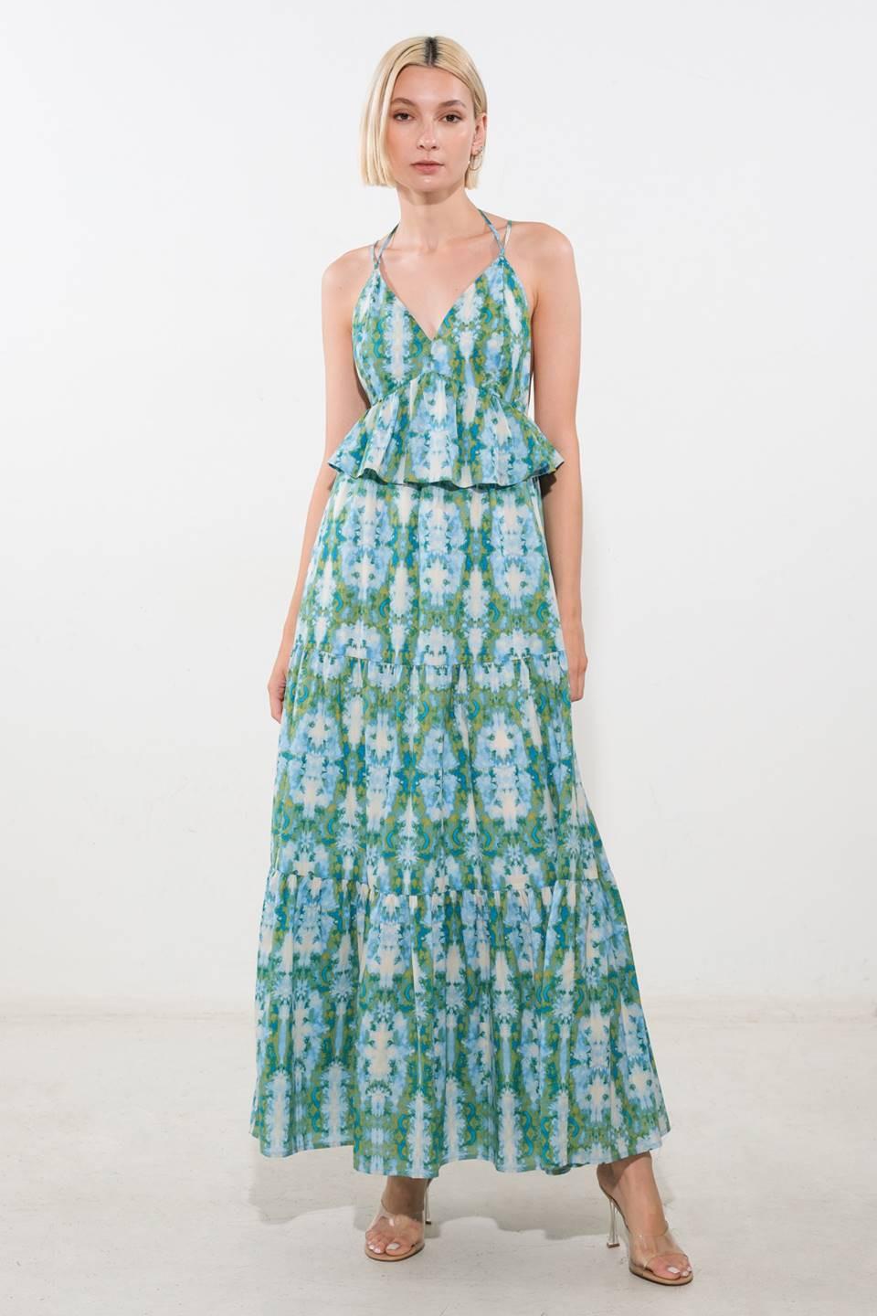 Moonlight Whisper Woven Maxi Dress in blue multi, view 1 — Soul Flow Apparel