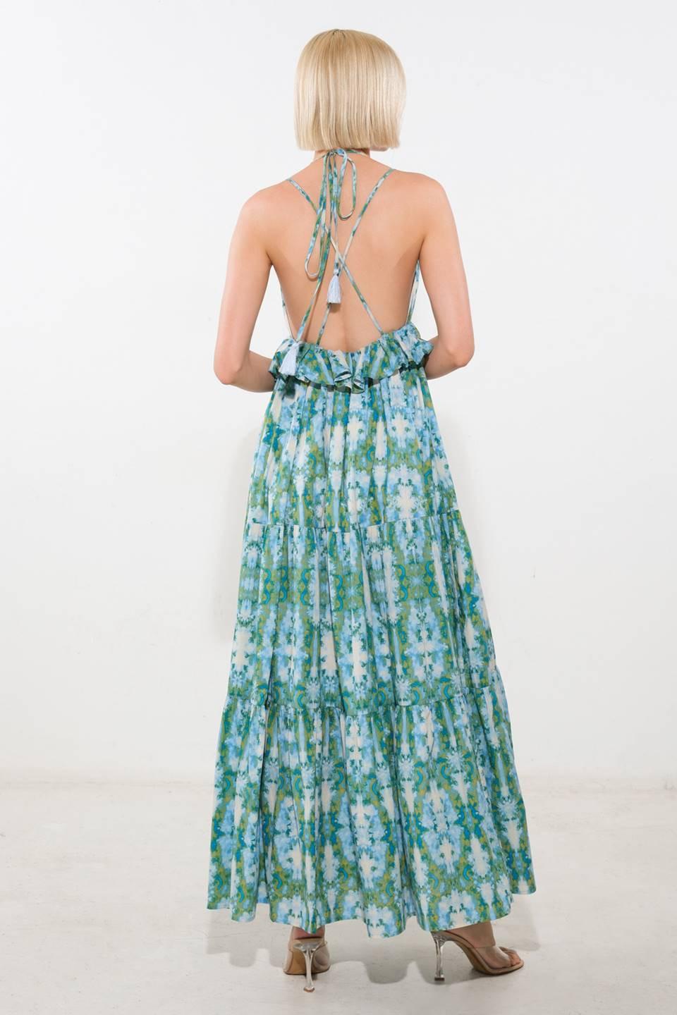 Moonlight Whisper Woven Maxi Dress in blue multi, view 2 — Soul Flow Apparel