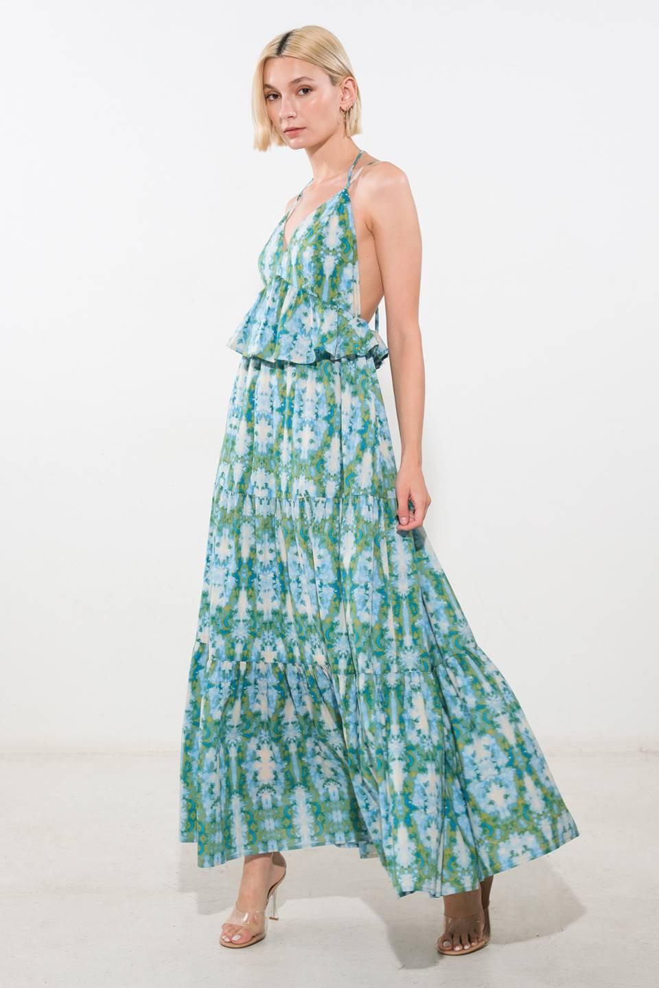 Moonlight Whisper Woven Maxi Dress in blue multi, view 3 — Soul Flow Apparel