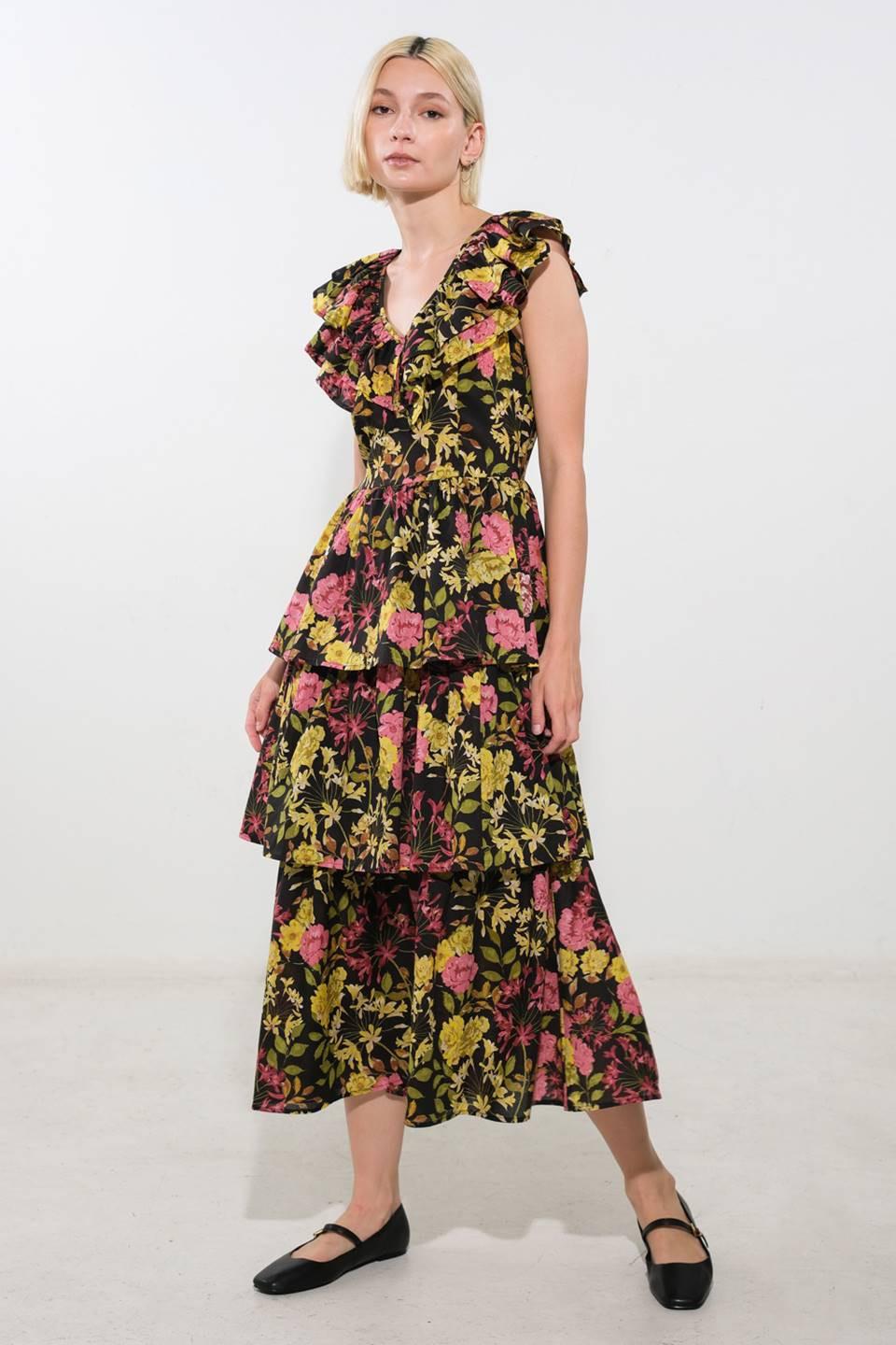 Graceful Gathering Woven Midi Dress in black, view 1 — Soul Flow Apparel
