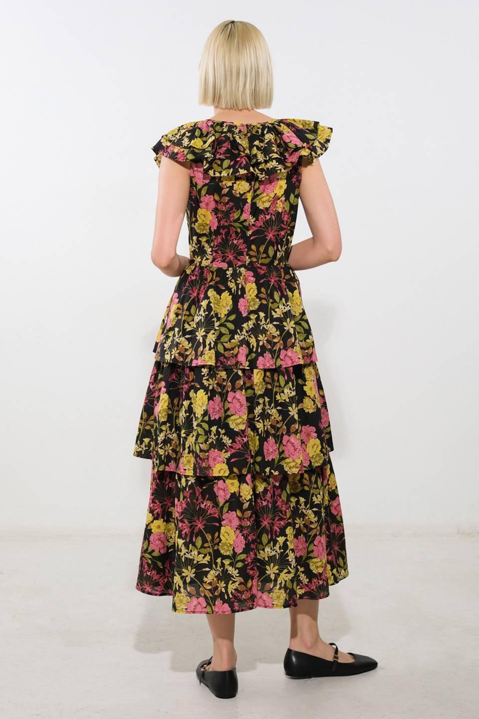 Graceful Gathering Woven Midi Dress in black, view 2 — Soul Flow Apparel
