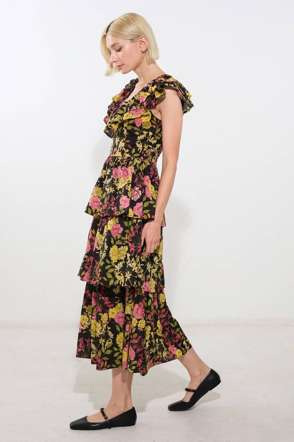 Graceful Gathering Woven Midi Dress in black, view 3 — Soul Flow Apparel
