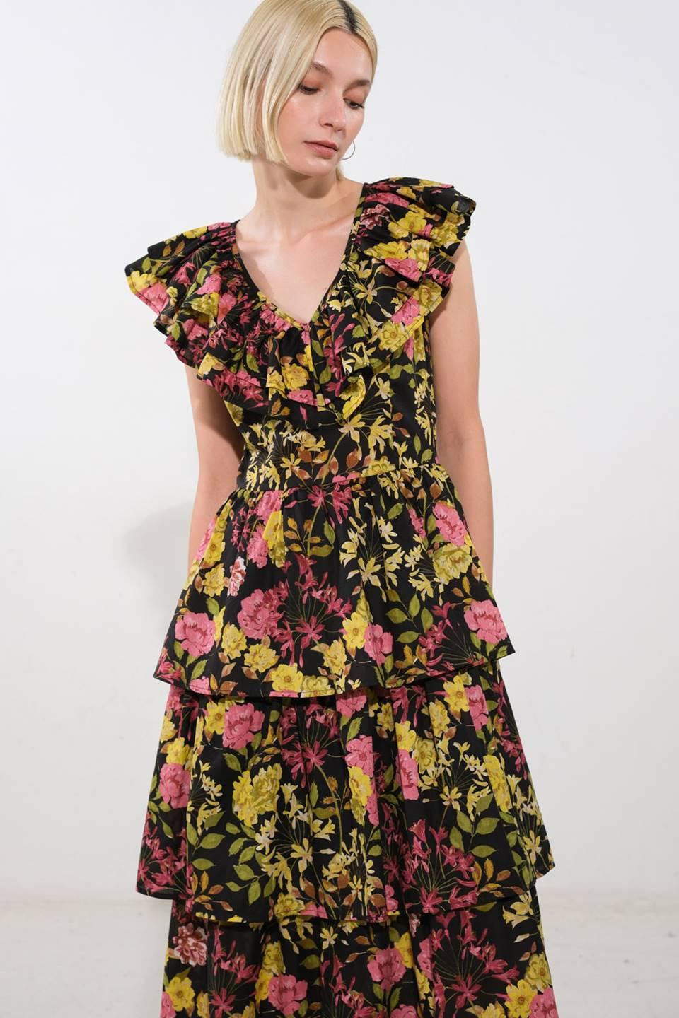 Graceful Gathering Woven Midi Dress in black, view 5 — Soul Flow Apparel