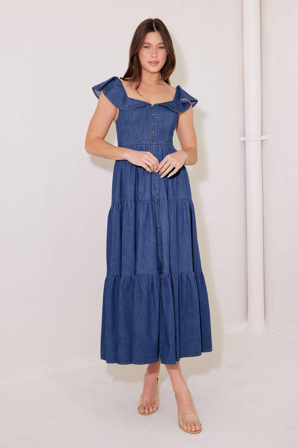 Once Upon a Time Denim Blue Midi Dress, view 1 — Soul Flow Apparel