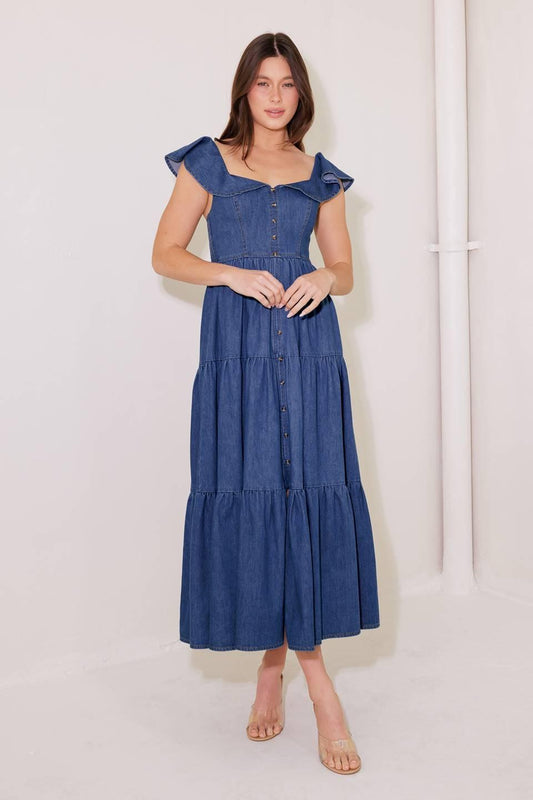 Once Upon a Time Denim Blue Midi Dress, view 1 — Soul Flow Apparel