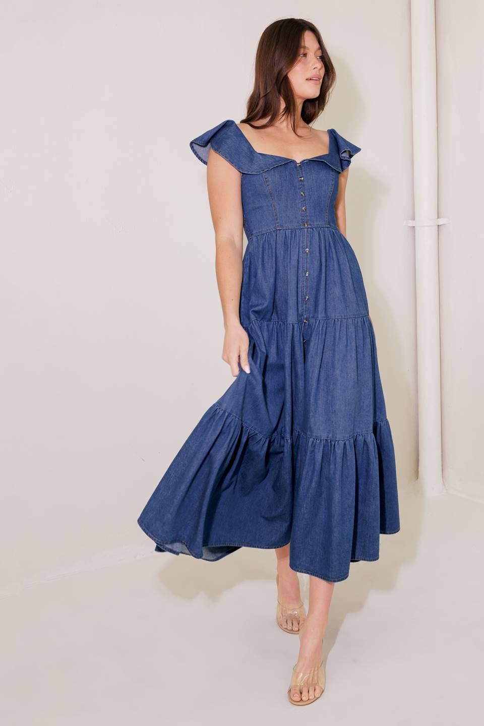Once Upon a Time Denim Blue Midi Dress, view 2 — Soul Flow Apparel