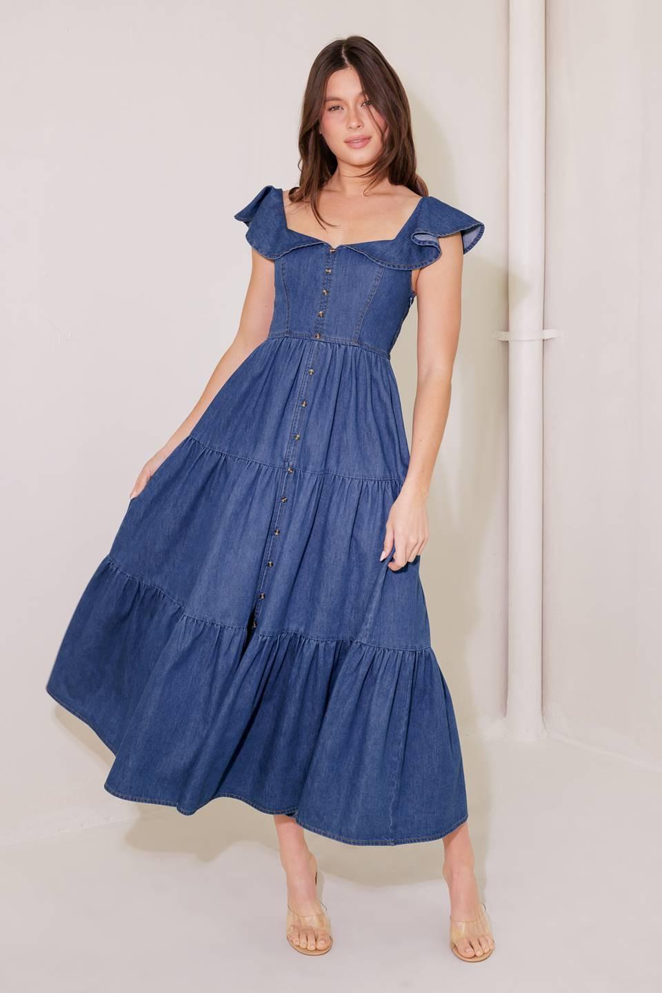 Once Upon a Time Denim Blue Midi Dress, view 3 — Soul Flow Apparel