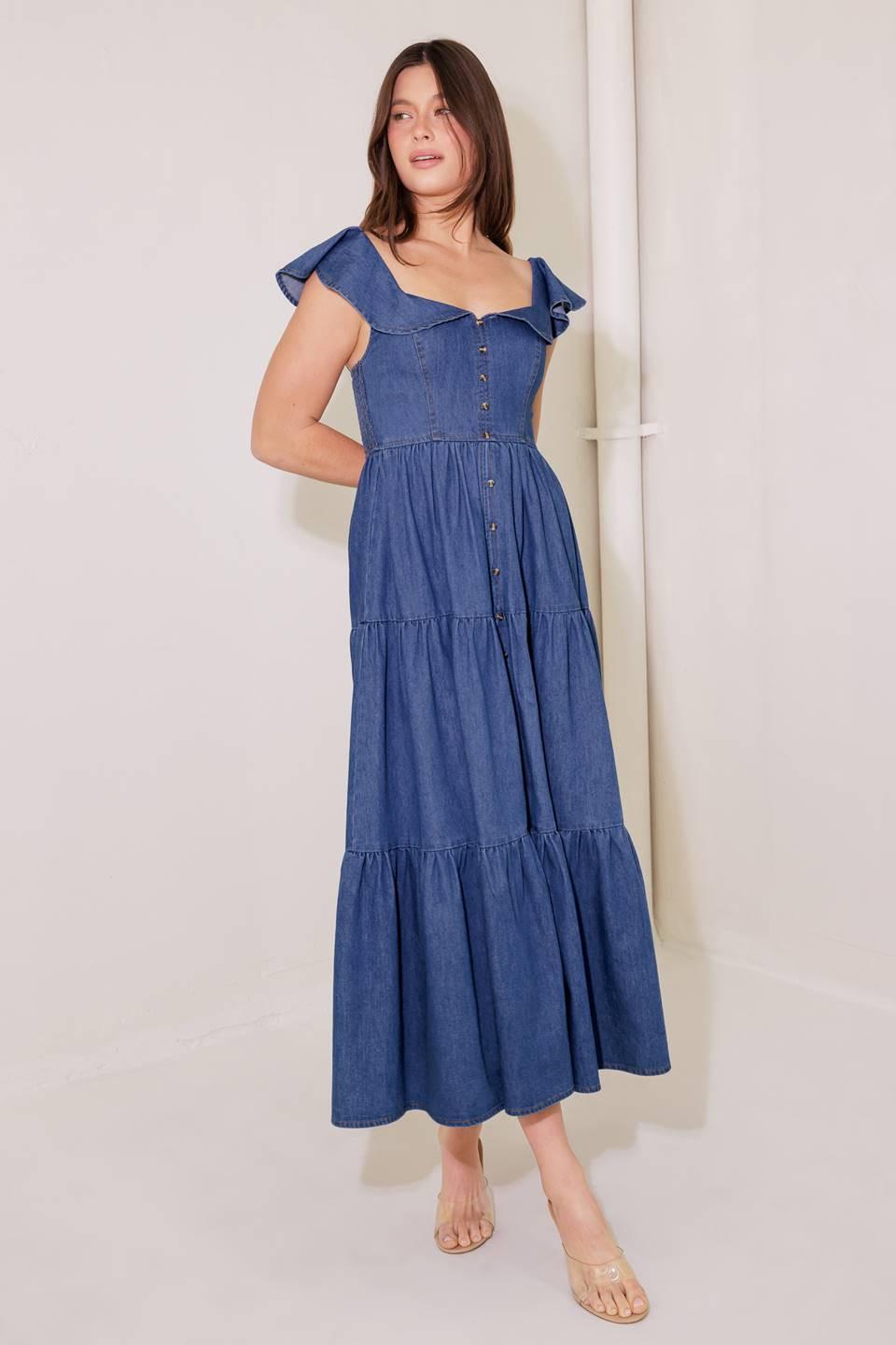 Once Upon a Time Denim Blue Midi Dress, view 4 — Soul Flow Apparel