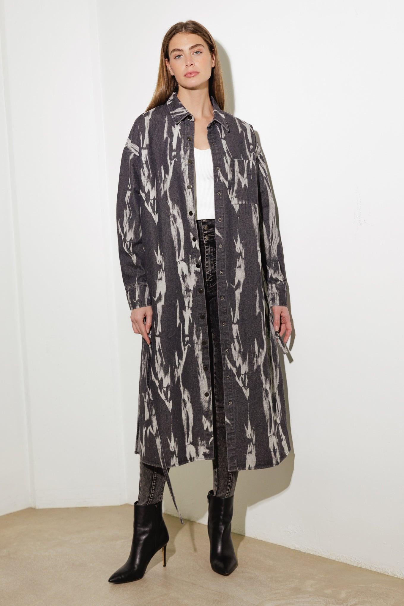 Here & Now Woven Denim Midi Shirt Dress in grey, view 1 — Soul Flow Apparel