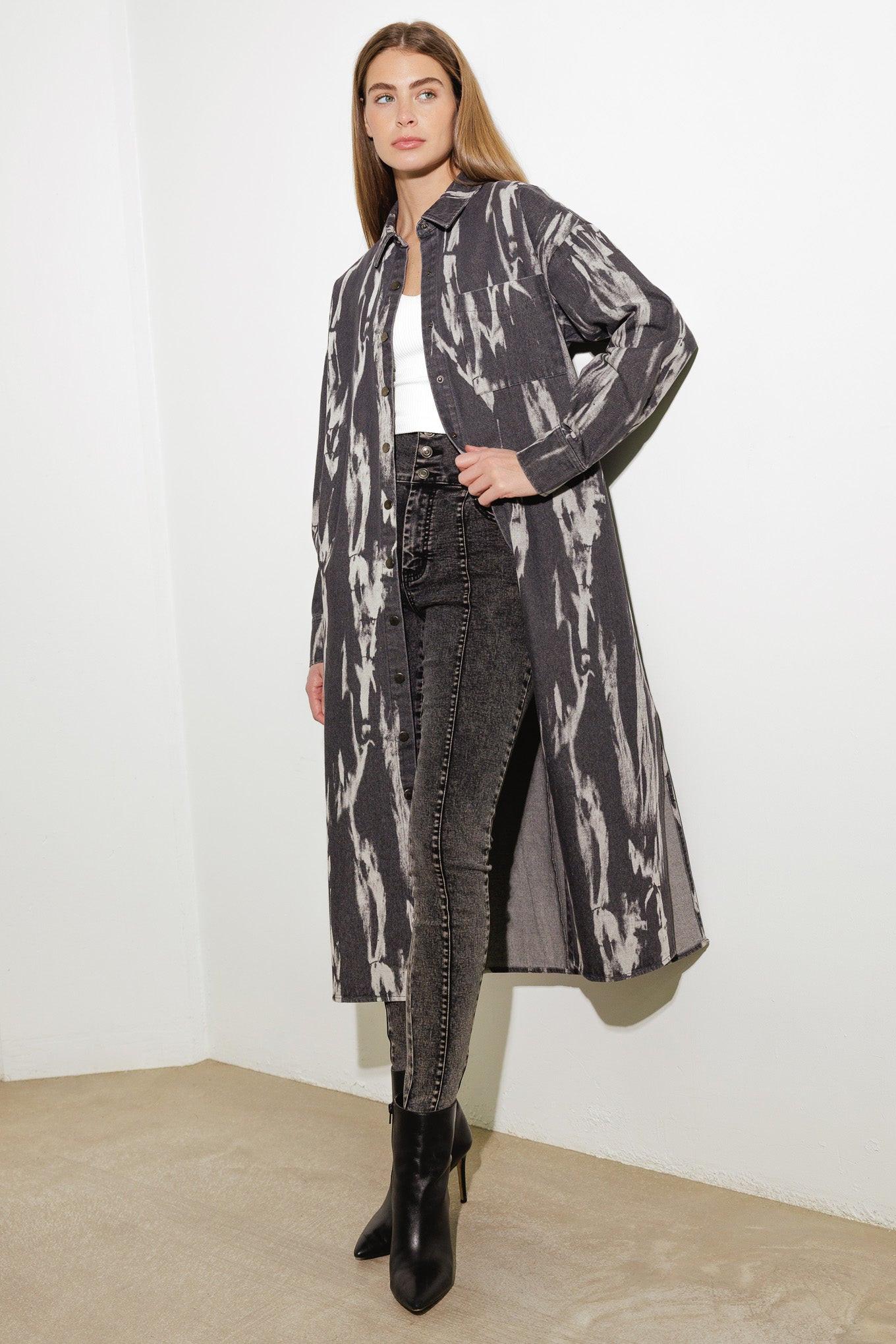 Here & Now Woven Denim Midi Shirt Dress in grey, view 2 — Soul Flow Apparel
