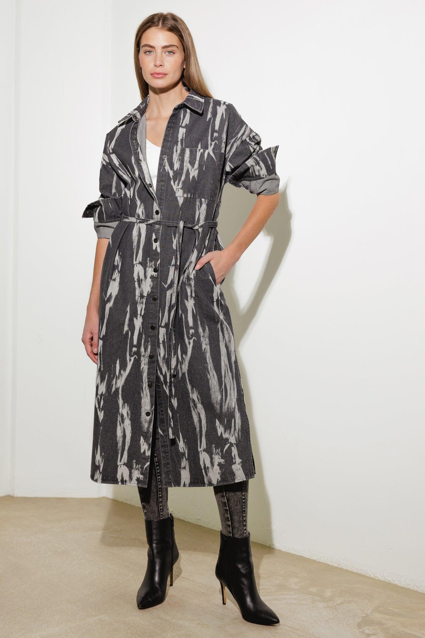 Here & Now Woven Denim Midi Shirt Dress in grey, view 3 — Soul Flow Apparel