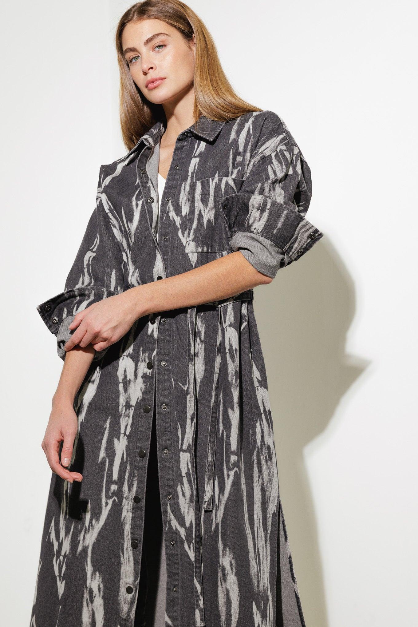 Here & Now Woven Denim Midi Shirt Dress in grey, view 5 — Soul Flow Apparel