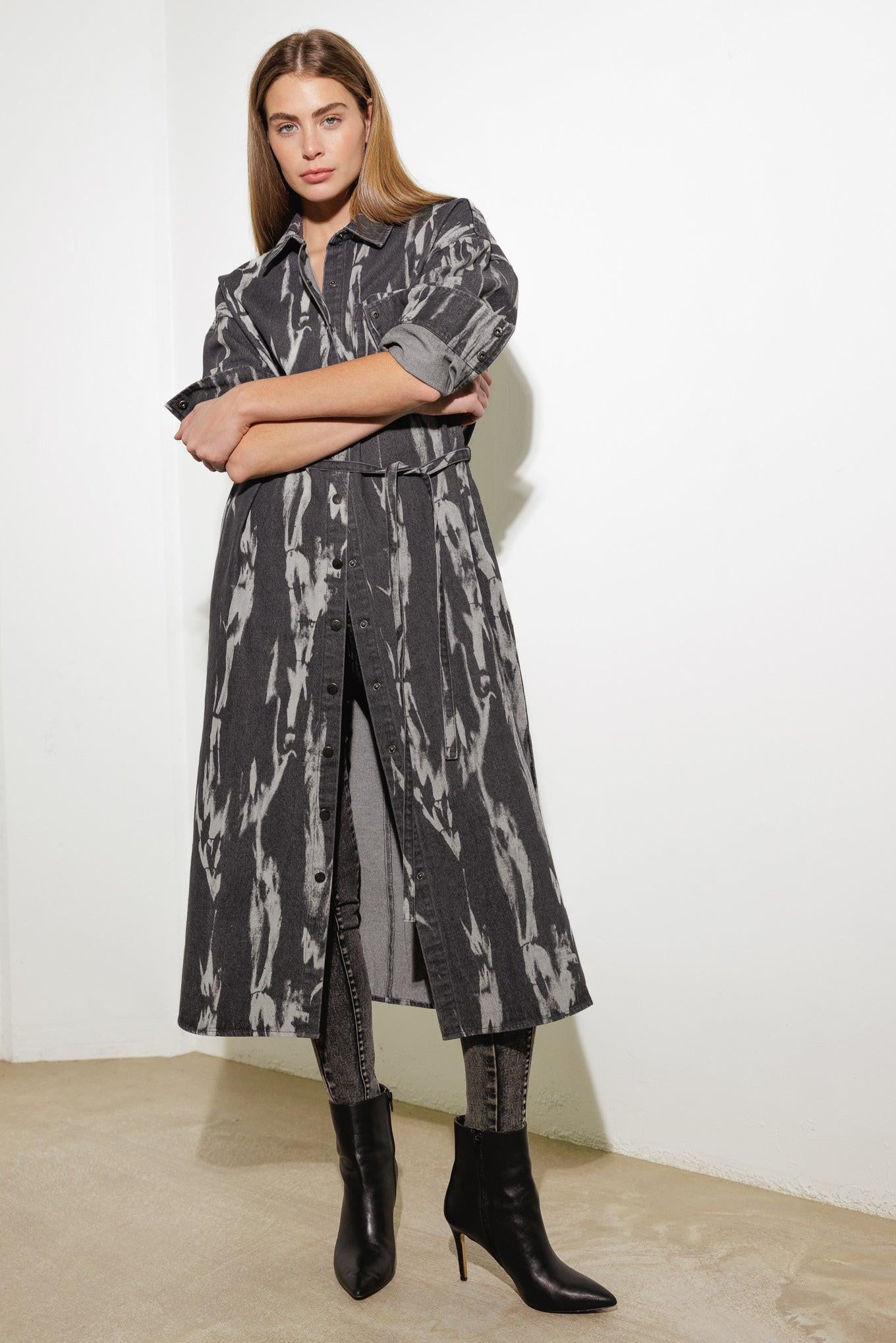 Here & Now Woven Denim Midi Shirt Dress in grey, view 6 — Soul Flow Apparel