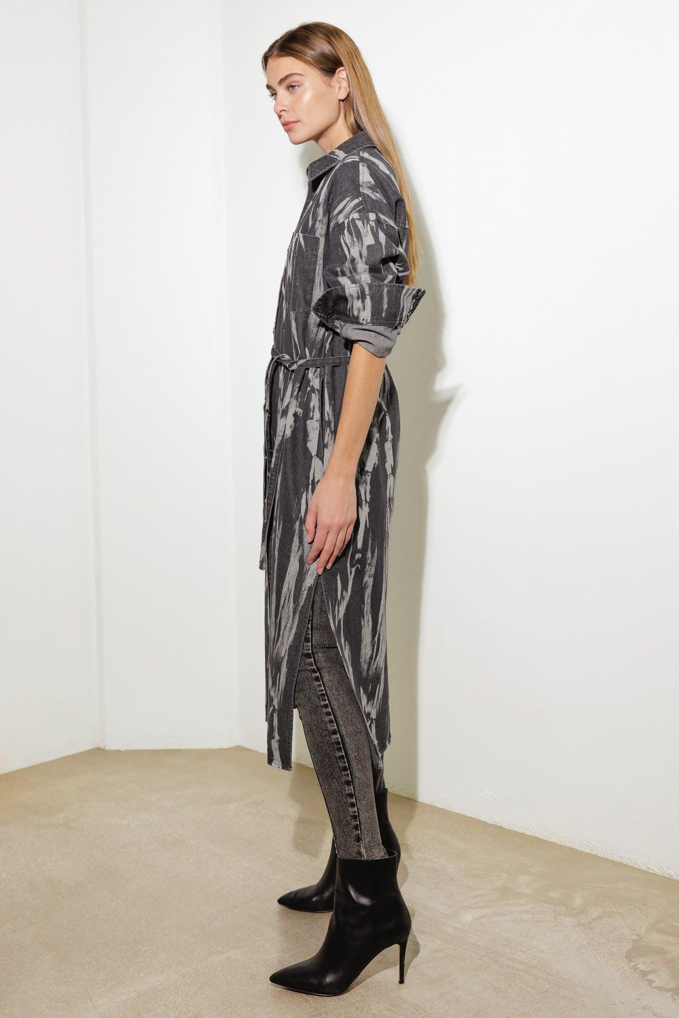 Here & Now Woven Denim Midi Shirt Dress in grey, view 7 — Soul Flow Apparel