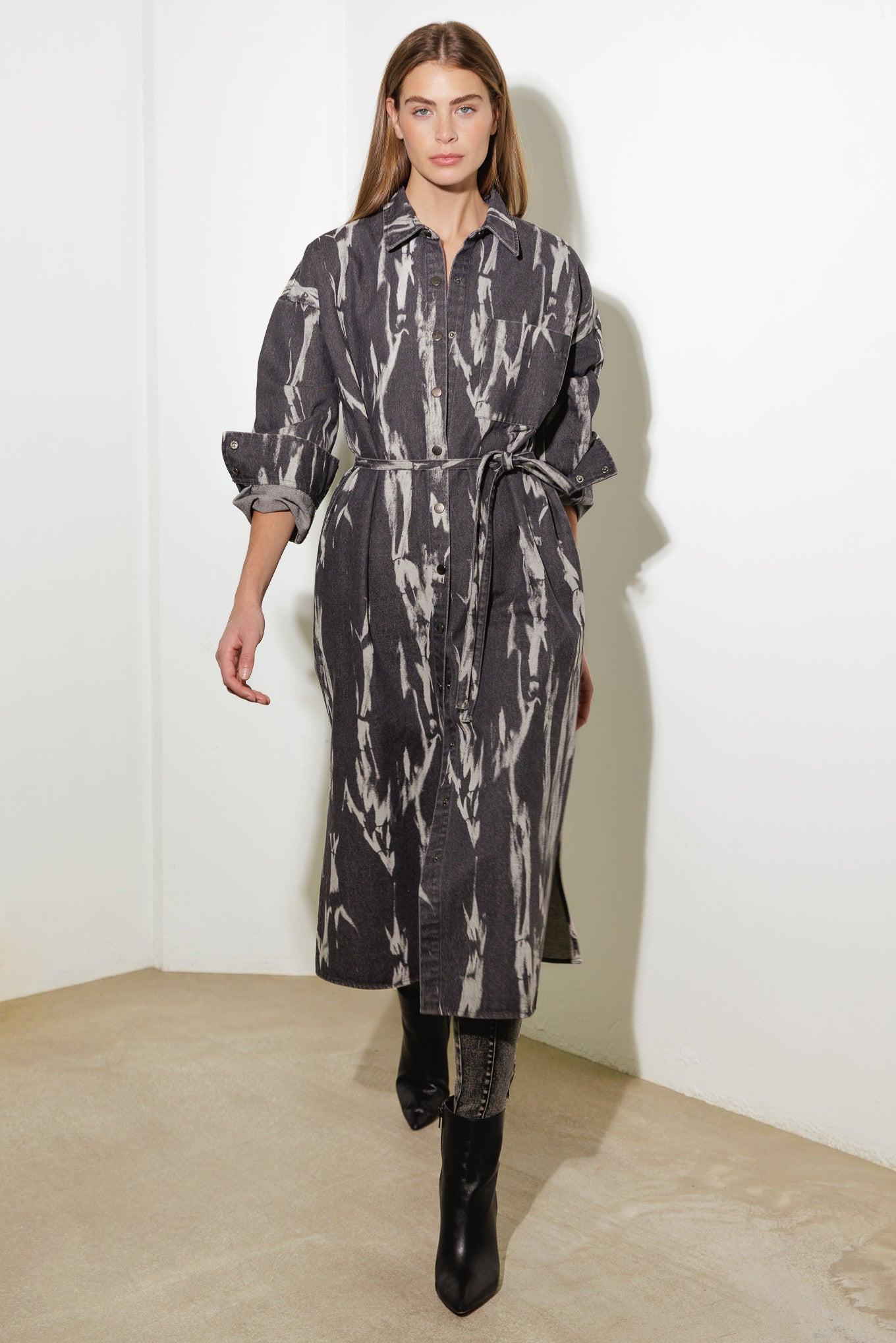 Here & Now Woven Denim Midi Shirt Dress in grey, view 8 — Soul Flow Apparel