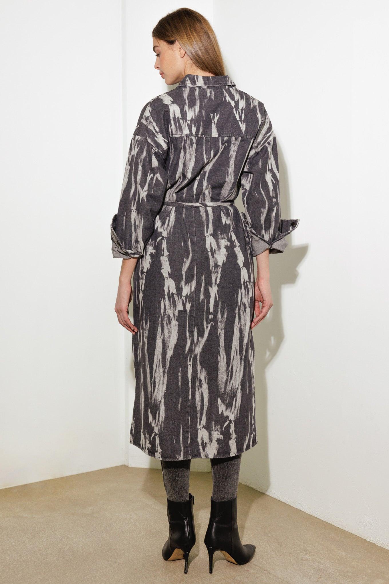 Here & Now Woven Denim Midi Shirt Dress in grey, view 9 — Soul Flow Apparel