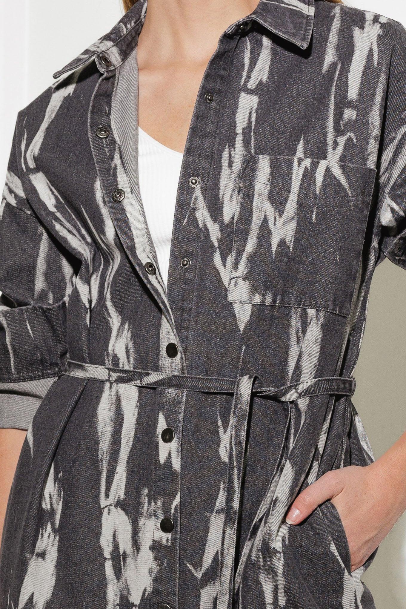 Here & Now Woven Denim Midi Shirt Dress in grey, fabric swatch — Soul Flow Apparel